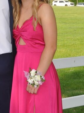 Hot Pink Prom Dress - twist front, side slit, adjustable straps